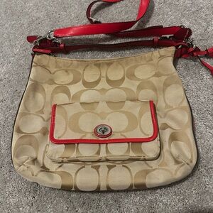 Coach Beige and Orange Leather Trim Crossbody Bag